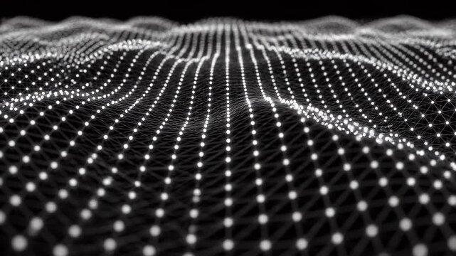 Abstract digital wave forms with glowing points moving in a dark futuristic landscape