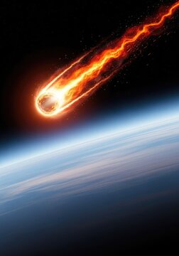 A massive celestial object blazes through the atmosphere of a distant planet, creating a vivid trail of orange fire and glowing plasma heat, speed, atmosphere, friction