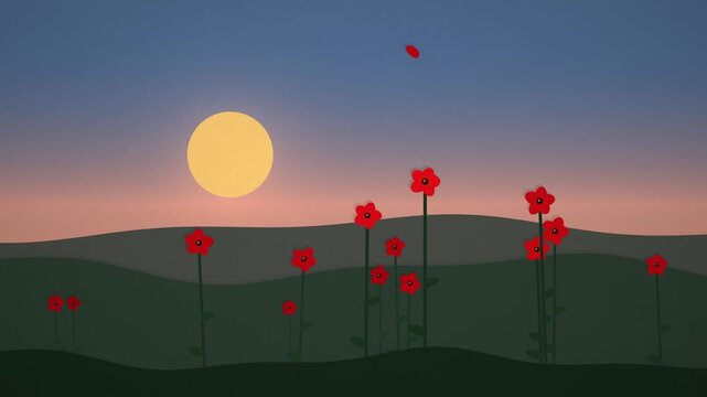 Animated landscape of red flowers in a field against a sunset sky
