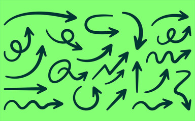 Dark green hand drawn arrow doodles on bright green background. © Derry studio