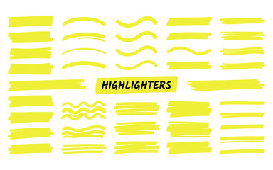 Yellow highlighter marker stroke collection on transparent background for text underlining and decoration. © Derry studio