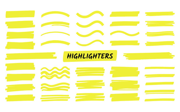 Yellow highlighter marker stroke collection on transparent background for text underlining and decoration.