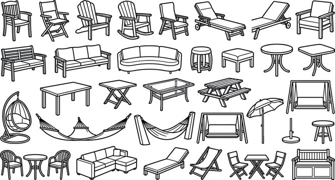 Patio furniture doodle icon set featuring outdoor chairs garden tables hammocks umbrellas patio lounges and benches vector line art