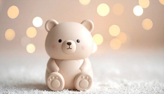 Figura decorativa de oso blanco sentado sobre una superficie clara con fondo desenfocado de luces c&aacute;lidas
