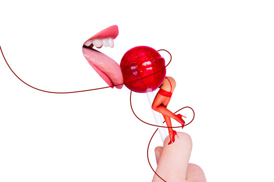 Composite photo collage of faceless mouth lick lollipop candy intimate sex shop sexy body wear stocking heels isolated on painted background