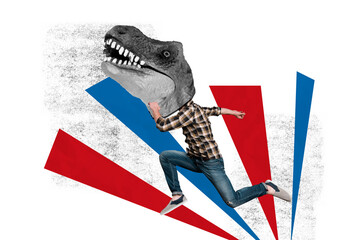Composite trend artwork sketch image photo collage of dinosaur head animal young man headless student animal jump moving caricature © deagreez