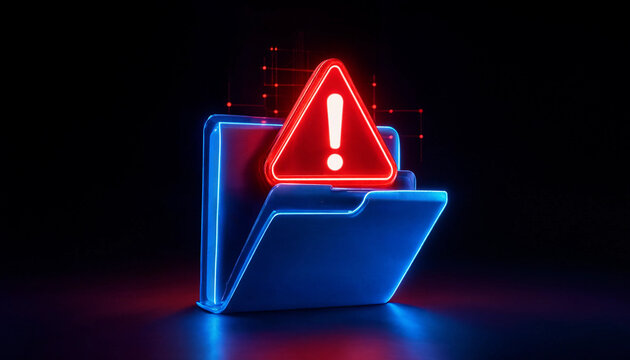 Digital glowing blue folder with red warning sign representing cyber security threat and malware data risk