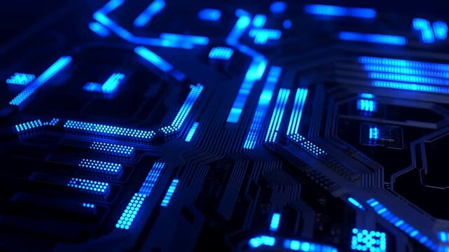 Blue illuminated circuit board pattern shifts with glowing lines across dark electronic surface, showing layered pathways, reflective details, and futuristic technology inspired visual composition