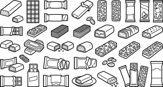 Variety of chocolate candy bar line icons with granola protein snacks wafer cookies pack wrappers vector design collection
