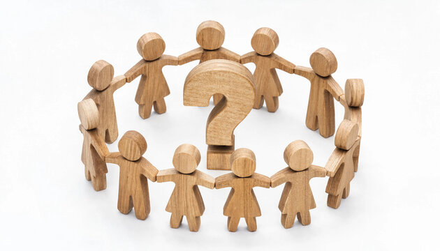 Group of wooden figures holding hands in a circle around a question mark