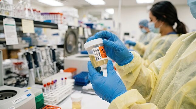 Scientific laboratory technician examining biohazard sample container filled with yellow liquid while wearing protective suit and blue gloves in modern medical research facility with specimen cup