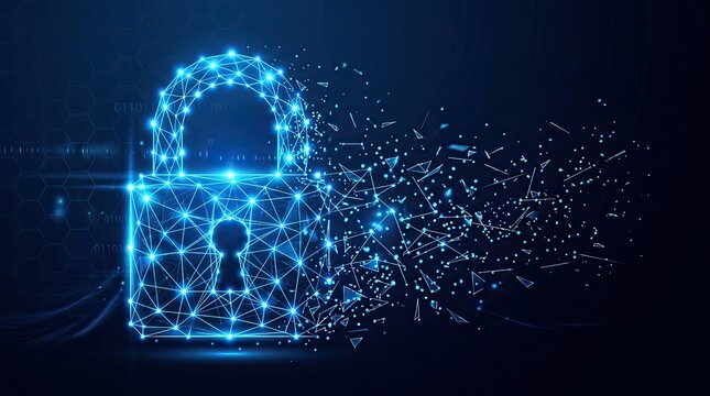 Digital padlock dissolving into abstract particles and binary code representing data security with depicts glowing blue code dark background disintegrating abstract communication surveillance key