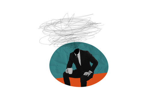 Composite creative art collage of anonym invisible businessman hold coffee cup latte beverage break isolated on painted background