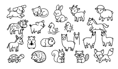Naklejka premium Cute baby pets and farm animals line art vector set with adorable cartoon characters