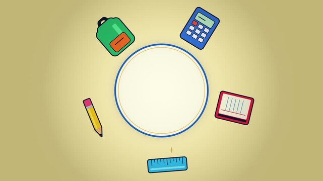 Animated school supplies rotating around a blank central circle