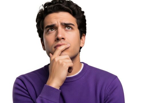 Thoughtful man touching chin in deep contemplation