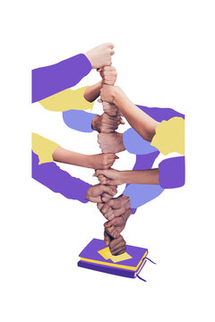 Composite trend artwork sketch image collage of many human body twisted hold hand unity fist stack book education knowledge balance