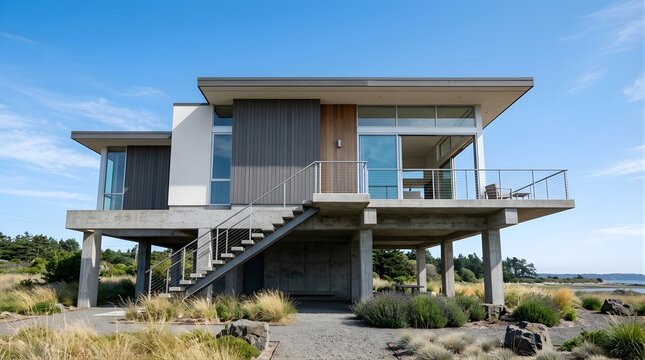 Modern stilt house on the coast with outdoor stairs and glass balcony