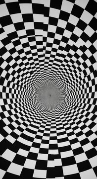 Hypnotic black and white checkered tunnel spirals inward, creating a deep sense of movement and a dizzying optical illusion for the viewer, dynamic, structure, perspective