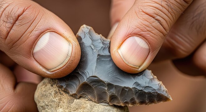 Macro shot of ancient hominid fingers feeling the jagged edge of a primitive flint tool used during the early stone age prehistoric epoch, sharpness, macro, toolmaking