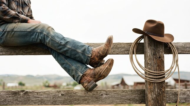 Cowboy sitting on wooden fence with boots and hat lasso hanging on post rural landscape background with person legs jeans resting wooden agriculture traditional weathered clothing western ranch