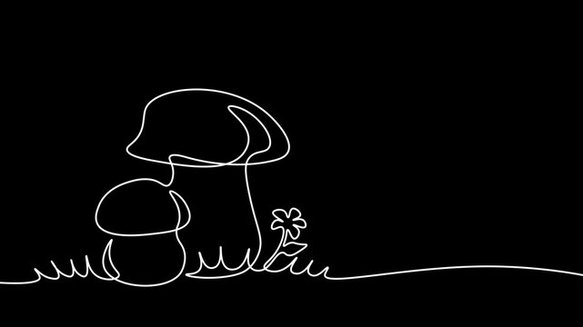 Continuous line mushrooms with flower drawing. Minimalist one line art style. Fashion clothing patches stickers print. Black background white outline vector illustration.