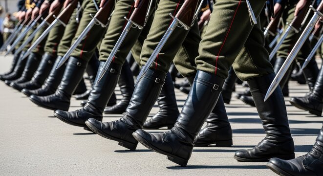 Rhythmic motion of leather boots marching in synchronization while sun glints off polished steel bayonets attached to long wooden rifles, uniform, sharp, equipment