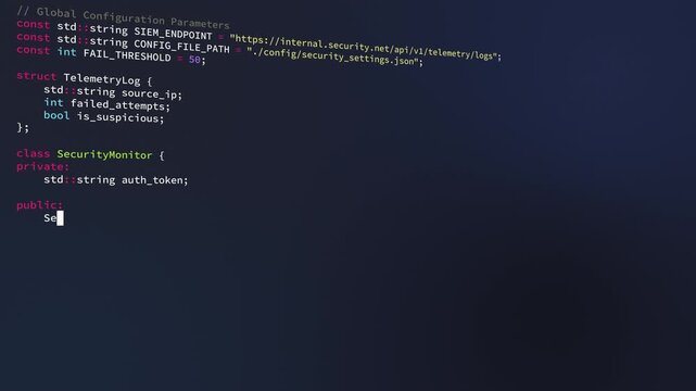 Animated C++ source code appears with a typewriter effect over a blue gradient background, creating a modern programming and cybersecurity visual for technology projects