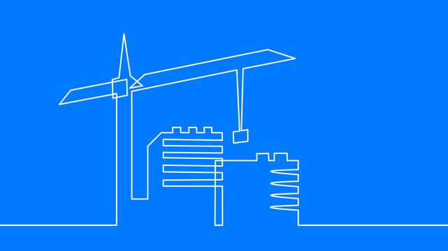 Continuous line wind turbine with houses drawing. Minimalist one line art style. Fashion clothing patches stickers print. Blue background white outline vector illustration.