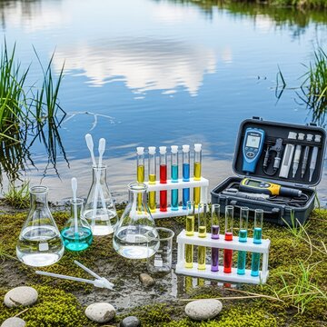 Scientific laboratory equipment and glass test tubes placed on a riverbank for ecological water quality testing and environmental analysis, conservation, device, hydrosphere