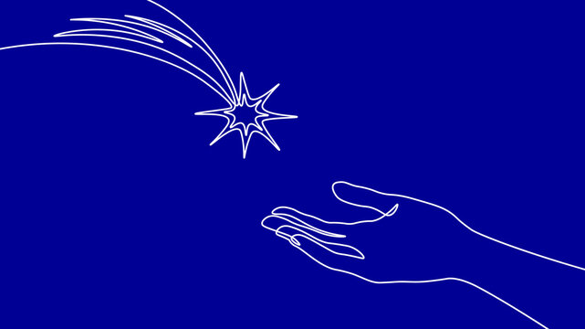 Continuous line hand reaching for shooting star. Minimalist one line art style. Fashion clothing patches stickers print. Dark blue background white outline vector illustration.