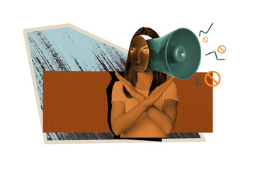 Obraz premium Creative collage picture young girl activist loudspeaker bullhorn announce pretense face weird concept demonstration discrimination rights