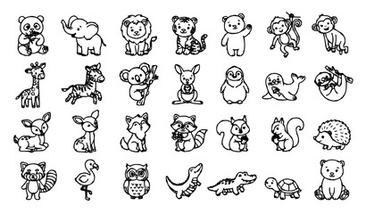 Fototapeta premium Cute baby wildlife line art vector collection with adorable cartoon animal characters