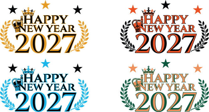 Set of four happy new year 2027 emblems with crowns and laurel wreaths, colorful designs