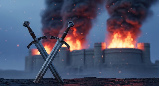 Weathered iron swords crossed in the soil stand before a massive stone fortress engulfed in orange flames under a dark, smoky night sky, steel, earth, swords