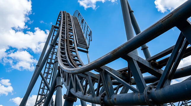 Steel roller coaster track against blue sky.