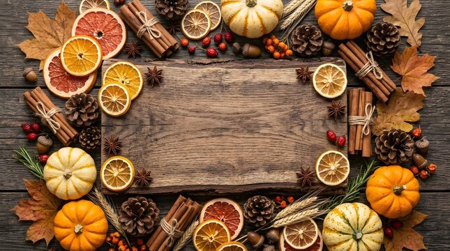 A bountiful and heartwarming thanksgiving scene showcasing the season's rich colors and textures with pumpkins citrus and autumn leaves arranged artfully on a rustic