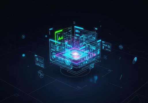 A futuristic digital landscape featuring glowing neon interfaces, floating holographic data charts, and geometric shapes in a dark space, environment, blue, lines