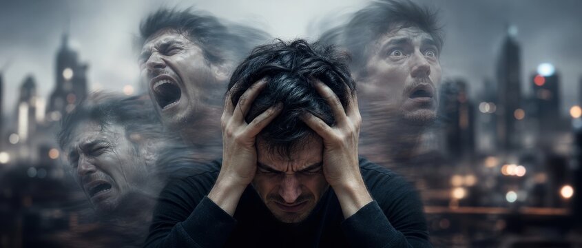Man suffering from mental disorder with multiple screaming faces around his head. Psychological stress and inner demons concept