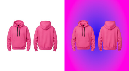 Two bright pink hooded sweatshirts shown from the front and back, isolated on a white background, for clothing retail, product display © Sonia