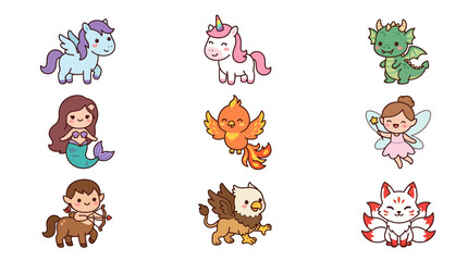 Obraz premium Set of cute kawaii mythical creatures and fantasy characters.