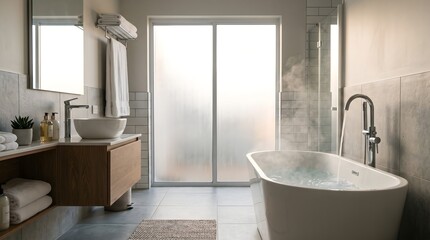 Fototapeta premium Warm & Inviting: Modern Bathroom with Steaming Freestanding Bathtub