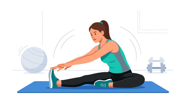 Woman doing seated hamstring stretch on yoga mat with dumbbells and exercise ball in background, vector illustration