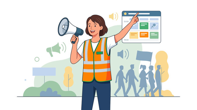 Woman in reflective vest with megaphone directing a protest march in front of a calendar interface with schedule events.
