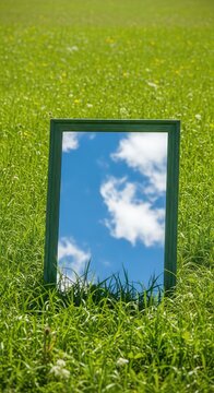 A vintage green framed mirror stands in a lush green field, capturing a crisp reflection of fluffy white clouds drifting across a blue sky, wide, scenery, atmosphere
