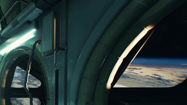 A person looks outside through a round window in a spacecraft. The view shows clouds and the curve of Earth. A thick cable is hanging down from the spacecraft wall.