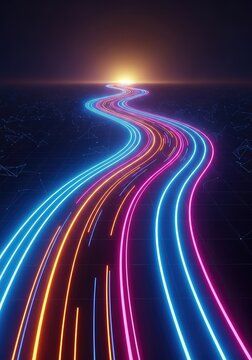 A winding neon road stretching towards a glowing horizon in a digital space, symbolizing a strategic human resources evolution and path, cloud, background, global