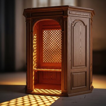 A wooden confessional booth features a detailed lattice screen where soft golden light filters through, creating deep shadows and peace, vintage, sanctuary, glowing