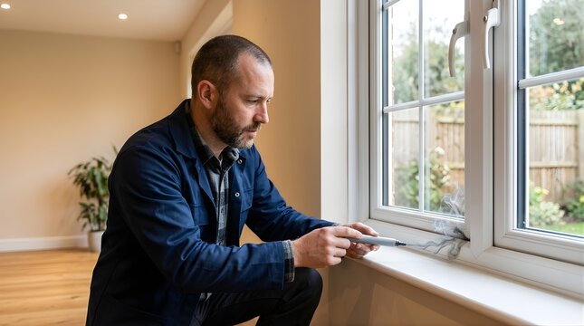 Professional man testing home window insulation with smoke stick detector