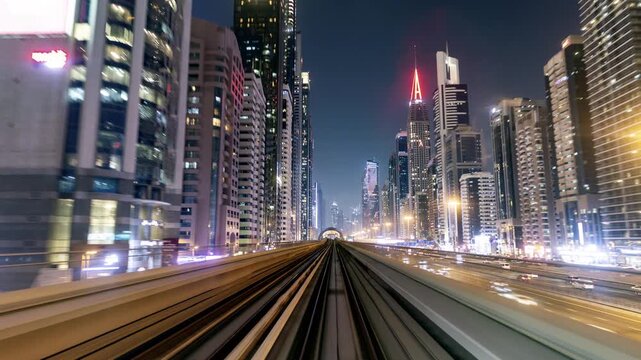 dubai downtown from the dubai metro train at night